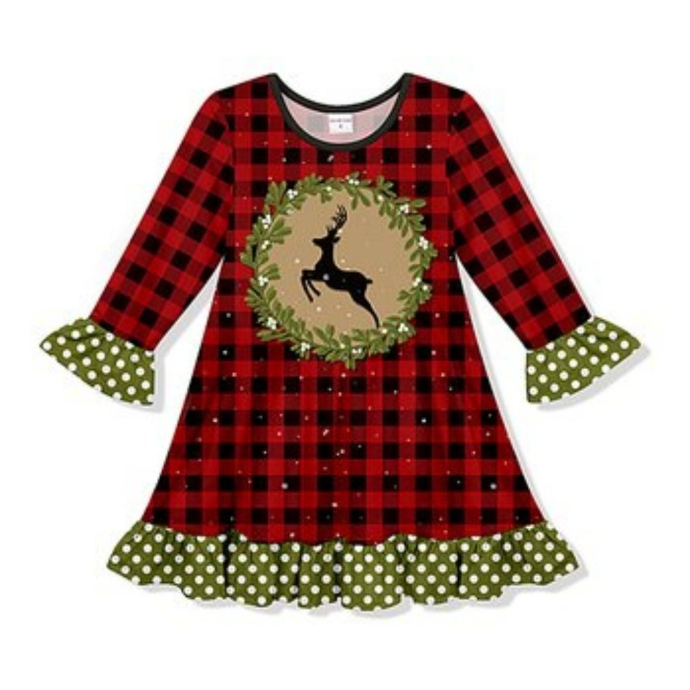 Girls Reindeer Buffalo Plaid Holiday Dress